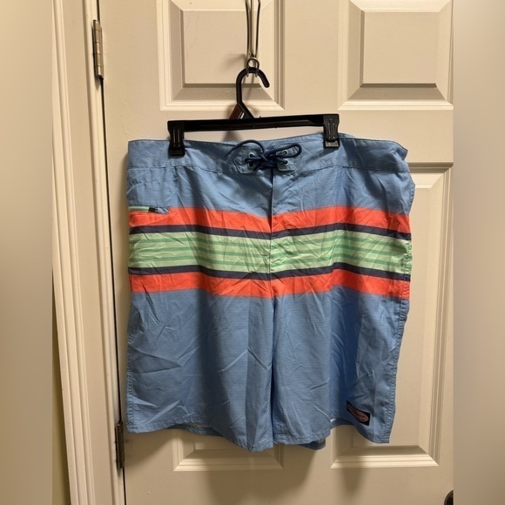 Vineyard Vines Blue Swim Shorts with Coral & Mint Stripes